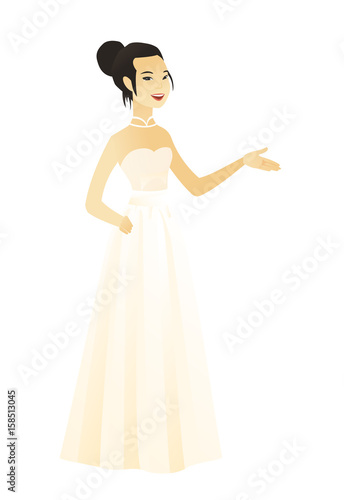 Fiancee with arm out in a welcoming gesture. Full length of welcoming caucasian fiancee. Asian friendly fiancee doing a welcome gesture. Vector flat design illustration isolated on white background.