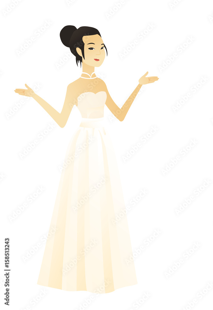 Confused fiancee with spread arms. Full length of young confused asian fiancee. Confused fiancee in white dress shrugging shoulders. Vector flat design illustration isolated on white background. Confused fiancee with spread arms. Full length of young confused asian fiancee. Confused fiancee in white dress shrugging shoulders. Vector flat design illustration isolated on white background.