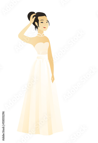 Asian fiancee in a white dress scratching head. Full length of young thoughtful fiancee scratching head. Puzzled fiancee scratching head. Vector flat design illustration isolated on white background.