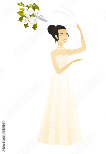 Young asian bride tossing a bouquet of flowers. Full length of happy bride in a long white throwing a bouquet of flowers at the wedding. Vector flat design illustration isolated on white background.