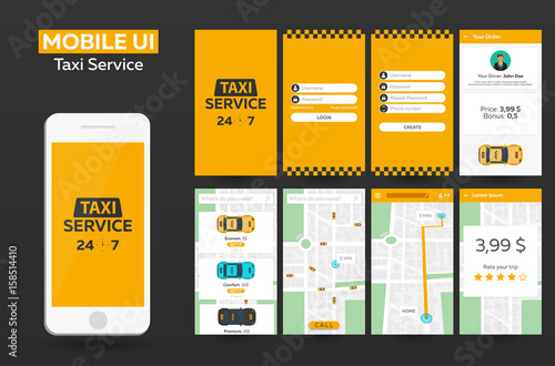 Mobile app Taxi service Material Design UI, UX, GUI. Responsive website.