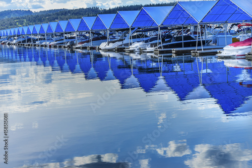 Blue Covers Boardwalk Marina Piers Boats Reflection Lake Coeur d  Alene Idaho