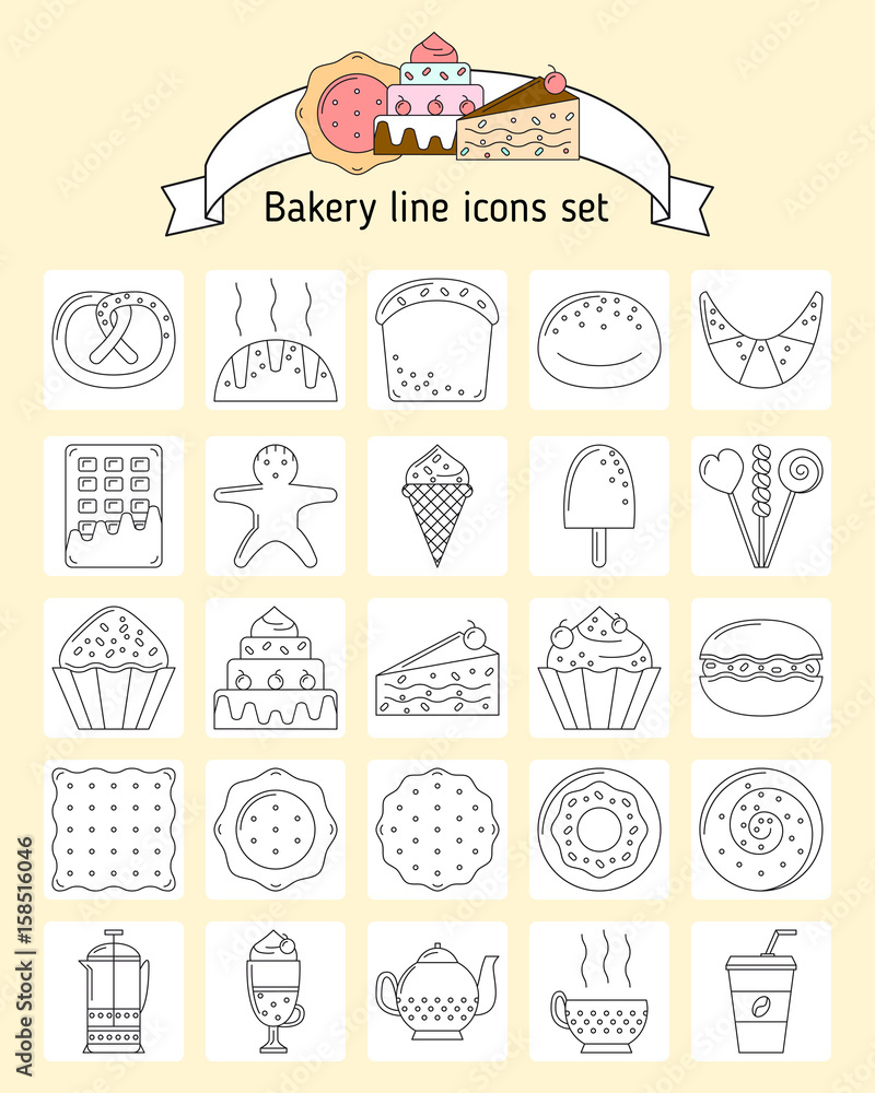 Bakery icons in line art style. Icons with bread, biscuits, sweets for web. Set with fresh bread, sweets, baking for using in website and mobile Bakery icons in line art style. Icons with bread, biscuits, sweets for web. Set with fresh bread, sweets, baking for using in website and mobile