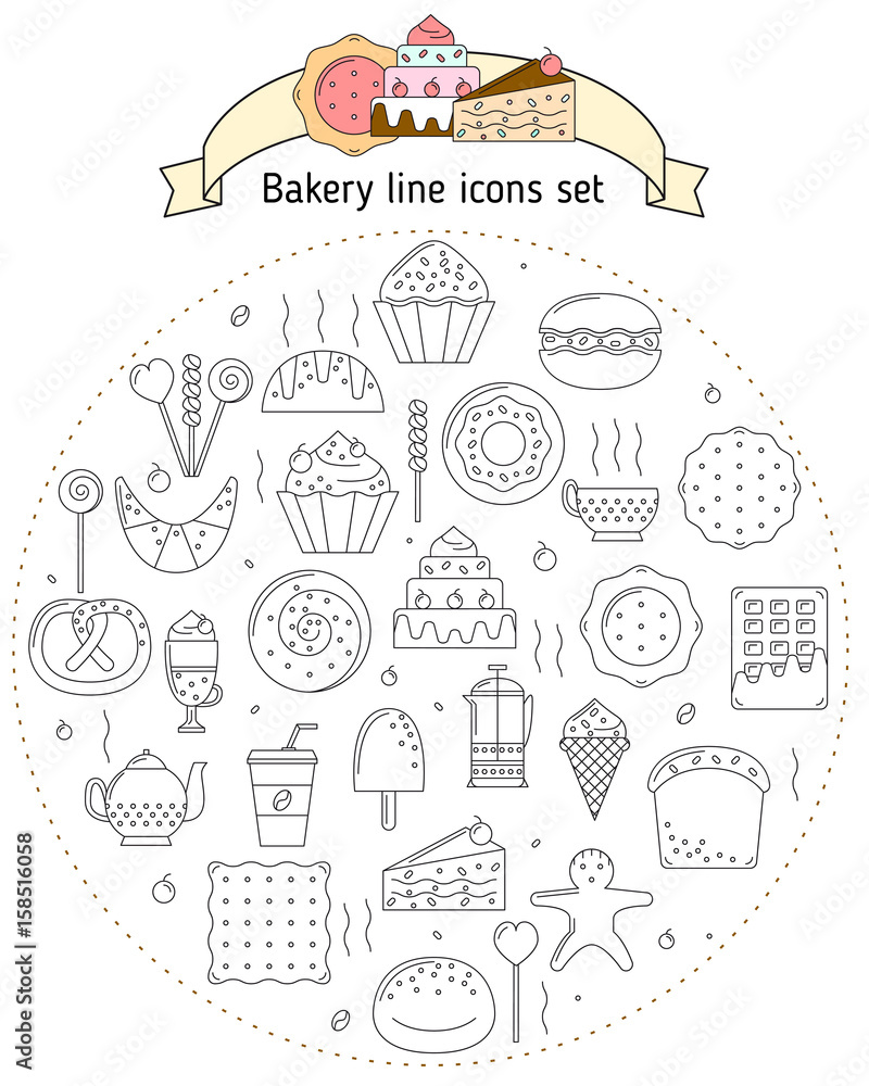 Bakery icons in line art style. Icons with bread, biscuits, sweets for web. Set with fresh bread, sweets, baking for using in website and mobile