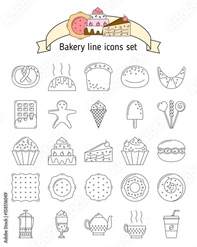 Bakery icons in line art style. Icons with bread  biscuits  sweets for web. Set with fresh bread  sweets  baking for using in website and mobile