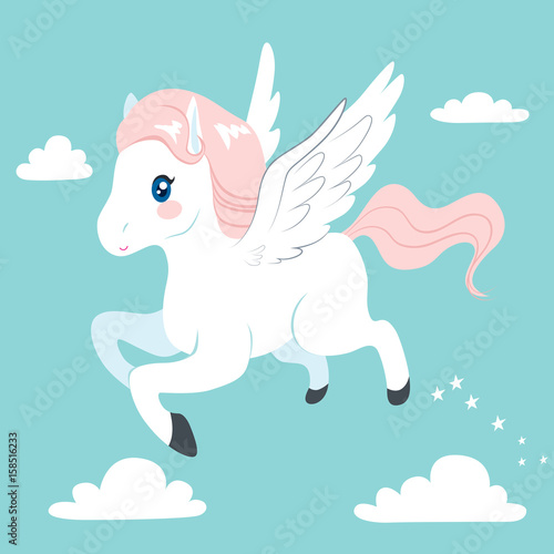 Cute and beautiful flying Pegasus on sky