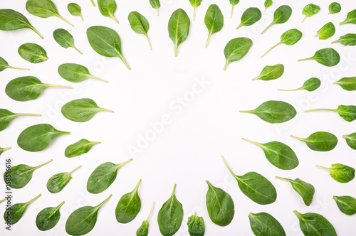 Frame made of spinach leaves on white background. Spinach leaf isolated background. Creative food concept. Ingredient for salad. Flat lay, top view