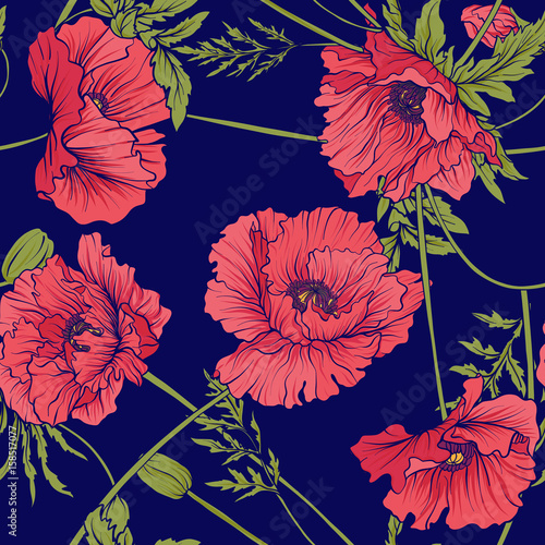 Fototapeta Naklejka Na Ścianę i Meble -  Seamless pattern with pink and red poppy flowers in botanical st