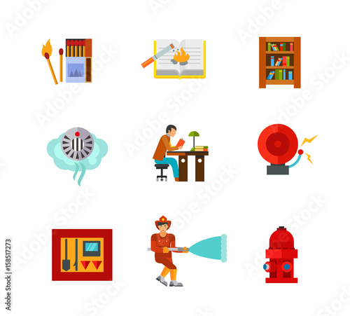 Reading and firefighting icon set