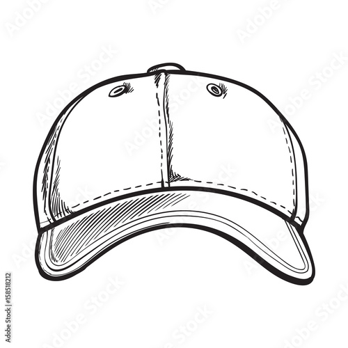 Clean, unlabelled black and white textile baseball cap, sketch style vector illustration isolated on white background. Realistic isolated hand drawing of baseball cap, front view