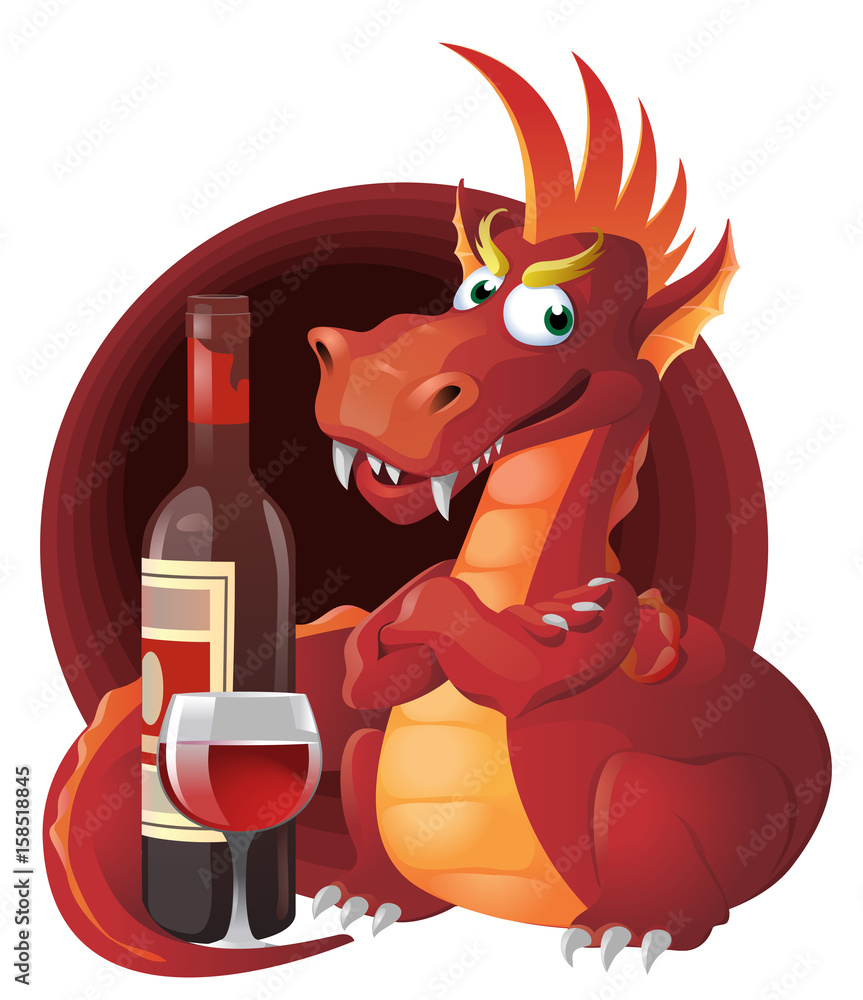 Red Dragon and red wine. Cartoon styled vector illustration. Elements is  grouped for easy edit. No transparent objects. Stock Vector | Adobe Stock