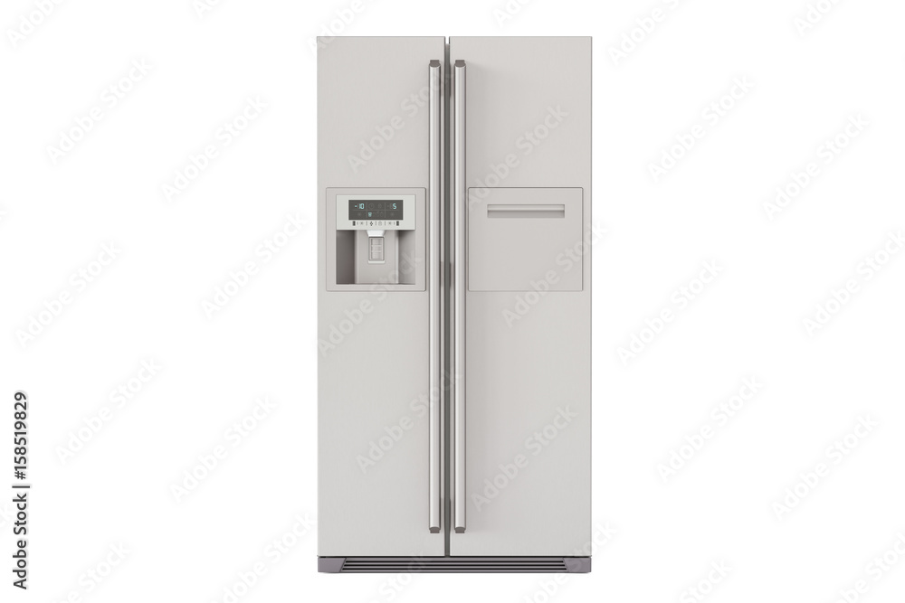 Modern fridge with side-by-side door system, 3D rendering Modern fridge with side-by-side door system, 3D rendering
