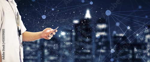 Student in school uniform with ID checking and using cellphone with connected dots geometry graphics with blurred skyline building city background.