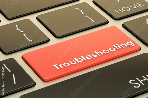 Troubleshooting concept, red hot key on  keyboard. 3D rendering photo