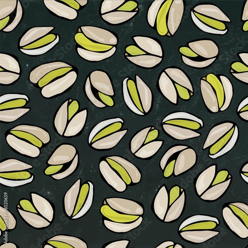 Seamless with Shelled Pistachio Nuts. Isolated On a Black Chalkboard Background. Doodle Cartoon Hand Drawn Sketch Vector Illustration. Food Pattern.