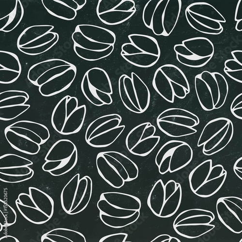 Seamless with Shelled Pistachio Nuts. Isolated On a Black Chalkboard Background. Doodle Cartoon Hand Drawn Sketch Vector Illustration. Food Pattern.