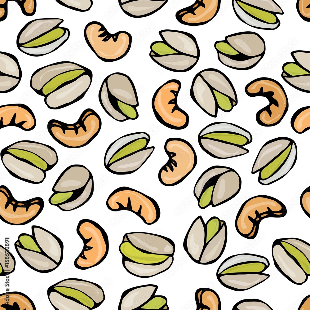 Seamless with Shelled Pistachio and Cashew Nuts. Isolated On a White Background Doodle Cartoon Hand Drawn Sketch Vector Illustration. Food Pattern. Seamless with Shelled Pistachio and Cashew Nuts. Isolated On a White Background Doodle Cartoon Hand Drawn Sketch Vector Illustration. Food Pattern.