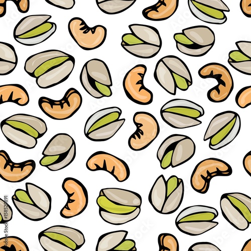 Seamless with Shelled Pistachio and Cashew Nuts. Isolated On a White Background Doodle Cartoon Hand Drawn Sketch Vector Illustration. Food Pattern.