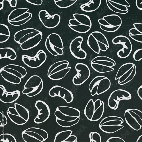 Seamless with Shelled Pistachio and Cashew Nuts. Isolated On a Black Chalkboard Background. Doodle Cartoon Hand Drawn Sketch Vector Illustration. Food Pattern.