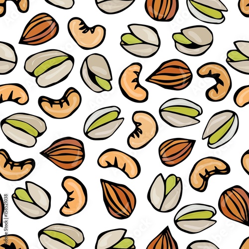 Seamless with Shelled Pistachio, Almond and Cashew Nuts. Isolated On a White Background Doodle Cartoon Hand Drawn Sketch Vector Illustration. Food Pattern.