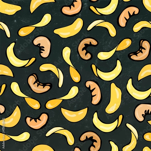 Seamless with Cashew Nuts And Potato Chips. Isolated on a Black Chalkboard Background. Doodle Cartoon Hand Drawn Sketch Vector Illustration. Food Pattern.