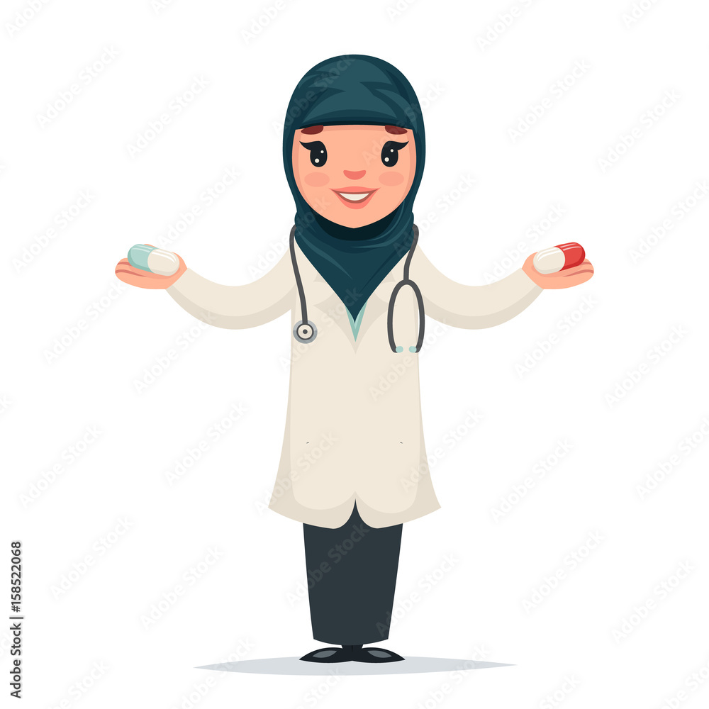 Arab Female Girl Cute Doctor with Pills in Hands Character Isolated Icon  Medic Retro Cartoon Design Vector Illustration Stock Vector | Adobe Stock