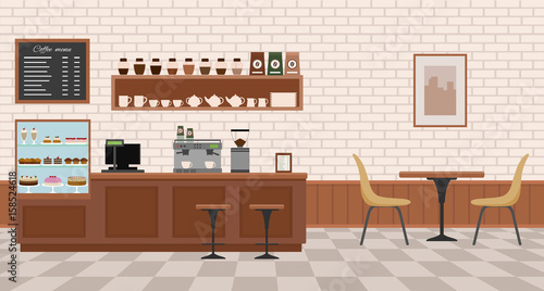 Empty cafe interior. Flat design vector illustration photo