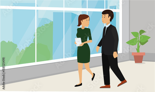 Business people walking down in office corridor and talking. Businessman and Businesswoman Corporate Conceptual illustration vector.