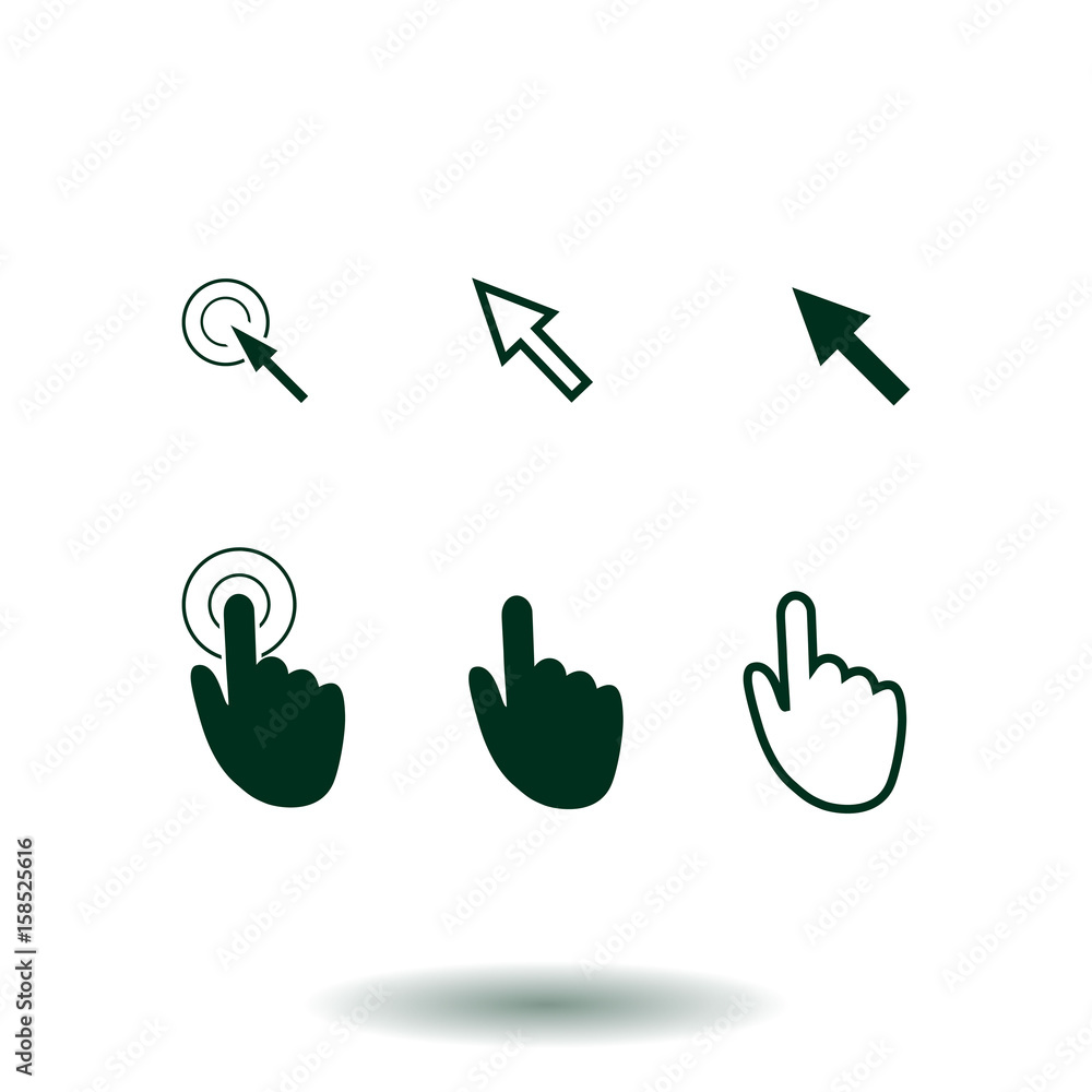 Fototapeta premium Cursor pointer icons. Click press and touch actions. Flat style.