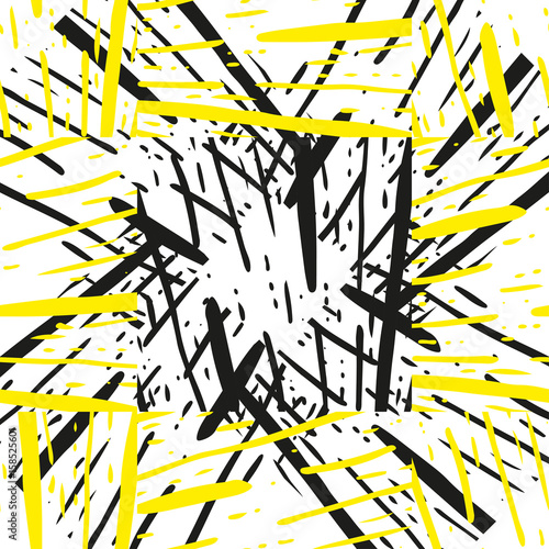 Striped grunge black and yellow texture. Astract geometric seamless pattern with ink brush. Hand drawn illustration background.