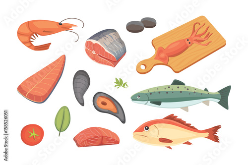 Vector Seafood illustrations set flat fresh fish and crab. Lobster and oyster, shrimp and menu, octopus animal, shellfish lemon.