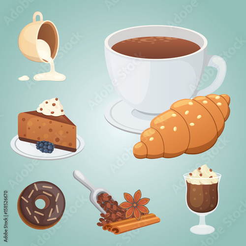 Cup of coffee, cappuccino, latte and chocolate food. Sweet deserts time.