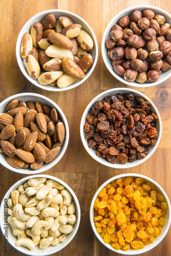 Various nuts and raisins.