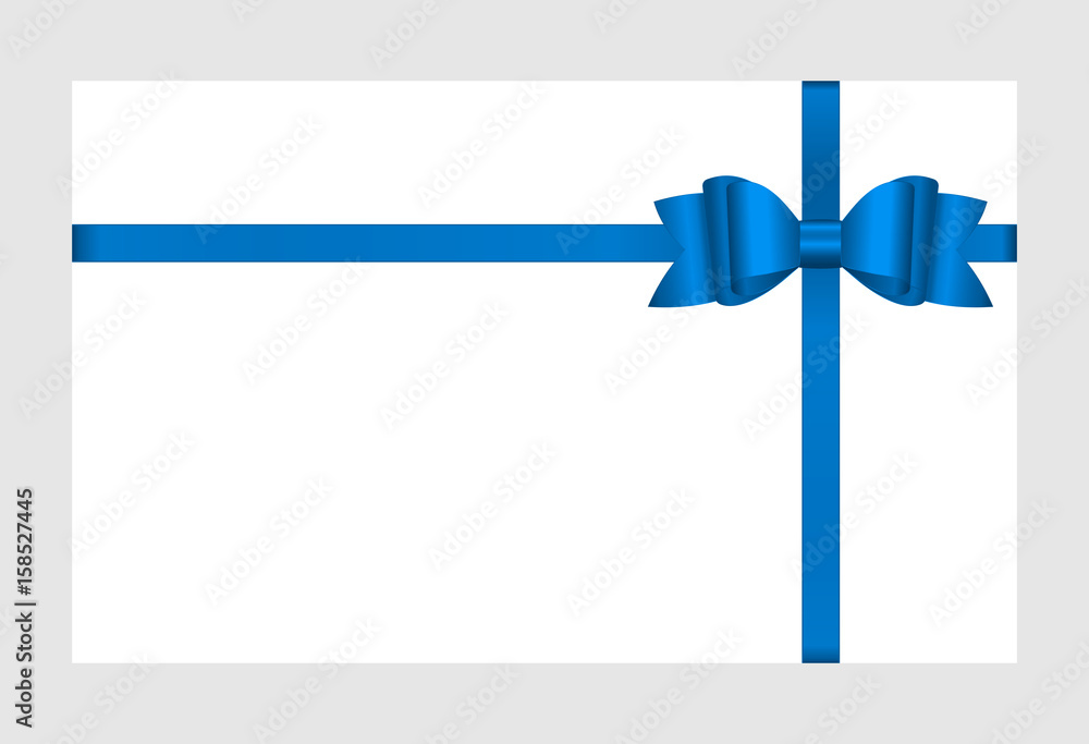 Gift Card with Shiny Blue Satin Gift Bow Close up, has space for text on background. Gift Voucher Template. Vector image. Gift Card with Shiny Blue Satin Gift Bow Close up, has space for text on background. Gift Voucher Template. Vector image.