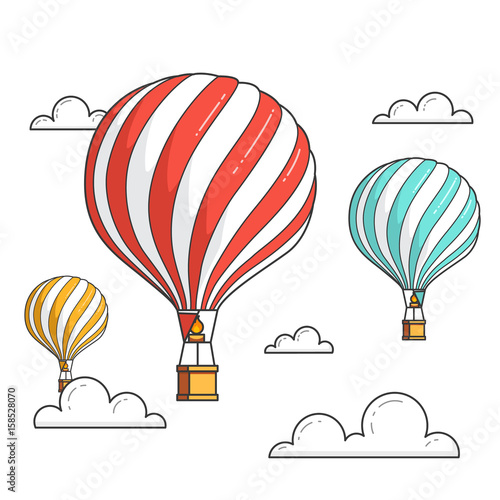 Hot air balloons isolated on white background with clouds for travel agency, motivation, business development,greeting card