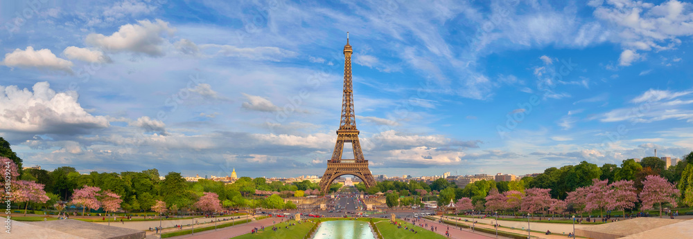 Fototapeta Panoramiczny obraz wieży Eiffla z Trocadero na wiosnę.