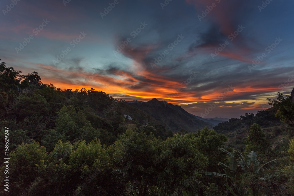 Sri Lanka Ella landscape sunrise, colorful sky in jungle