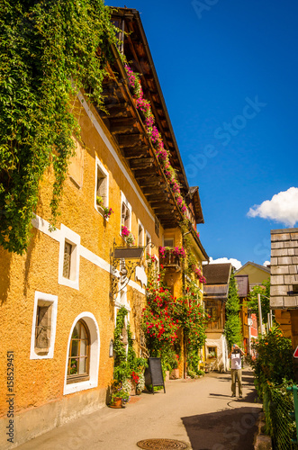 Beautiful architecture of Hallstatt village  Austrian Alps   Salzkammergut  Austria  Europe