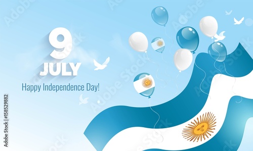 9 July, Argentina Independence Day greeting card. Celebration background with waving flag and flying balloons. Vector illustration