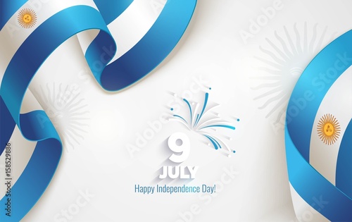 9 July, Argentina Independence Day background in national flag color theme. Celebration banner  with waving flags and firework. Vector illustration