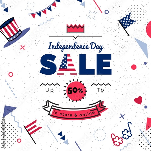 USA Independence day Sale vector illustration. Sale poster with geometric shapes. Vector background in retro 80s, 90s memphis style.