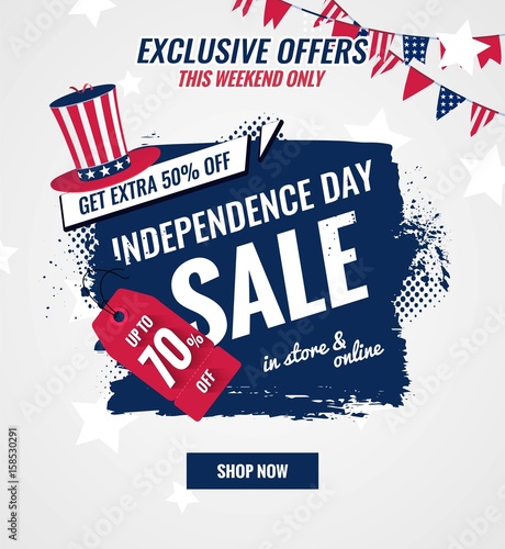 USA Independence day sale vector illustration.  Sale banner with brush strokes and holiday symbols.  Vector illustration.