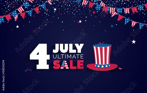 USA Independence day Sale vector illustration. Sale poster with confetti, bunting flags, text and hat. 