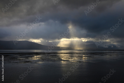 Beagle Channel with beautiful atmosphere of clouds and sun  Tierra del Fuego  Ushuaia  Argentina