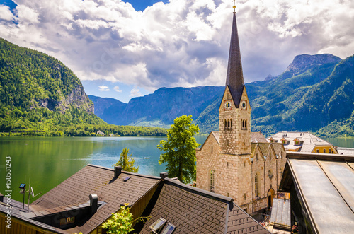 Fantastic view on Hallstatt village and alpine lake, Austrian Alps, Salzkammergut, Austria, Europe