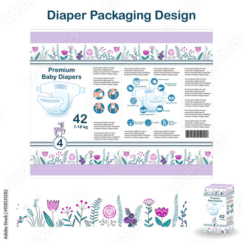 Diaper packaging design elements in doodle forest style. Nappy pakaging design for size 5, with floral border, diaper icons, and deer