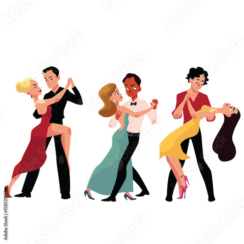 Three couples of professional ballroom dancers dancing, looking at each other, cartoon vector illustration isolated on white background. Three ballroom dance couples dancing tango, waltz, rumba
