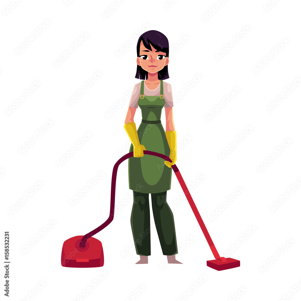 Cleaning service girl, charwoman in overalls standing with vacuum cleaner, cartoon vector illustration isolated on white background. Cleaning service girl wearing uniform, using vacuum cleaner Cleaning service girl, charwoman in overalls standing with vacuum cleaner, cartoon vector illustration isolated on white background. Cleaning service girl wearing uniform, using vacuum cleaner