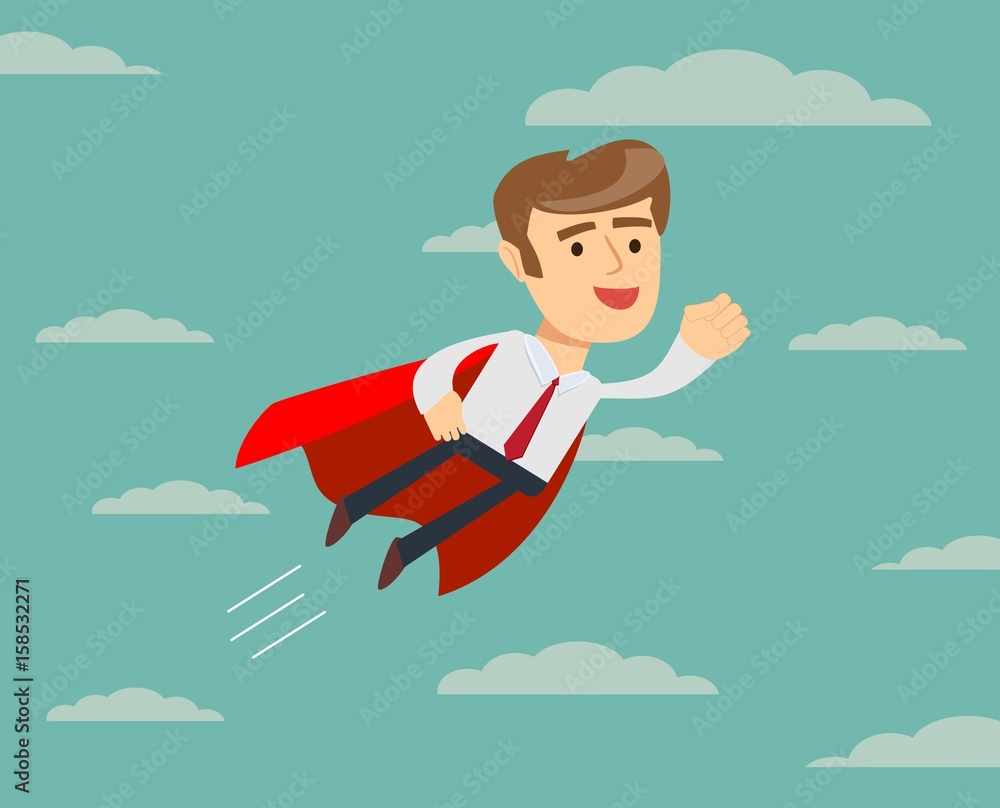 Super Businessman in Red Cape Flying to Success. Business Superhero. Vector illustration