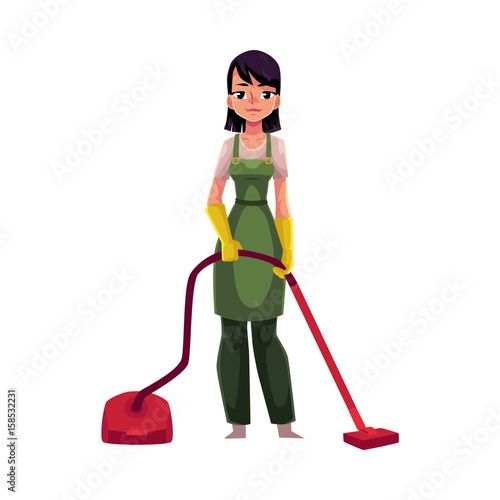 Cleaning service girl, charwoman in overalls standing with vacuum cleaner, cartoon vector illustration isolated on white background. Cleaning service girl wearing uniform, using vacuum cleaner